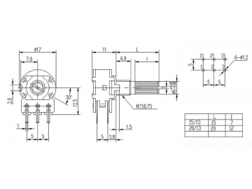 16mm Size Metal Shaft Rotary Potentiometer, WH148-1B-2-T