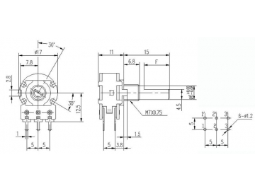 16mm Size Metal Shaft Rotary Potentiometer, WH148-1B-2-F