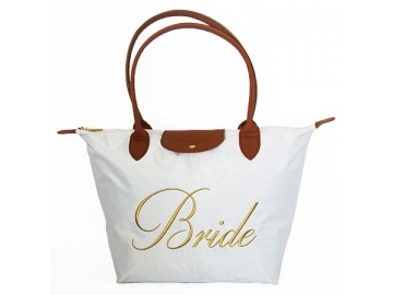 CBB3788-1 White Nylon Handbag, Tote Handbag with Leather Handles