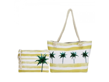 CBB4955-1 Cotton Beach Tote Bag with Cosmetic Bag, Shopping Tote Bag with Cotton Rope Handle, Cotton Beach Tote Bag Set