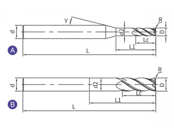 H-RN4  Solid Carbide End Mill for Hardened Steel Machining - Corner Radius - 4 Flutes - Long Neck